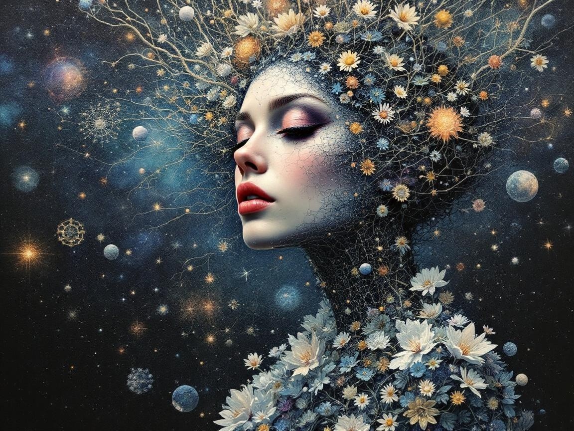 Surreal Portrait of Woman with Cosmic Nature Elements