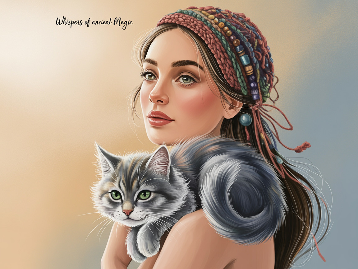 Young woman with cat in whimsical, magical setting