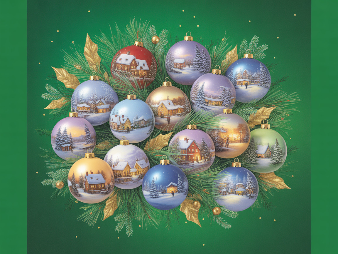 Colorful Christmas Ornaments on Pine Needles and Holly