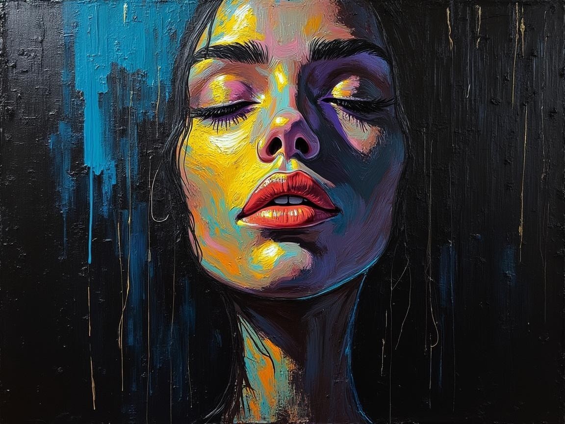 Close-up of a serene woman's face in vibrant colors