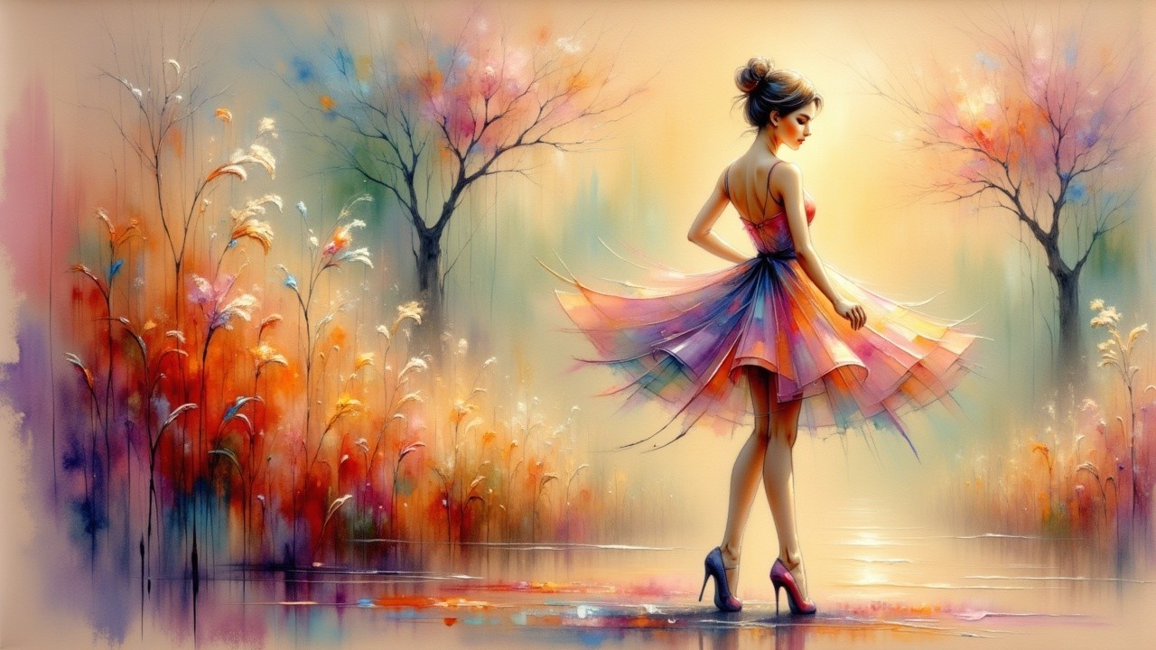 Serene Landscape with Woman in Colorful Dress