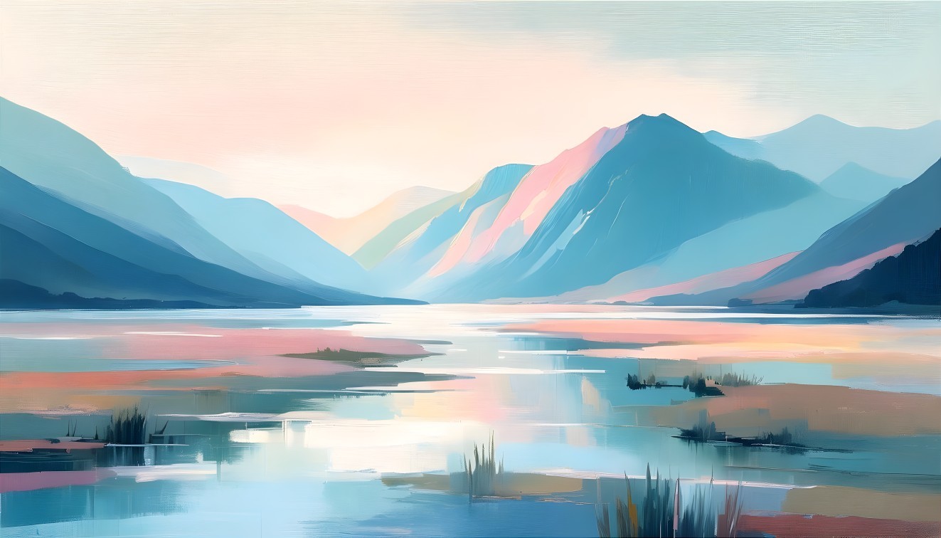 Serene Landscape with Pastel Waters and Mountains