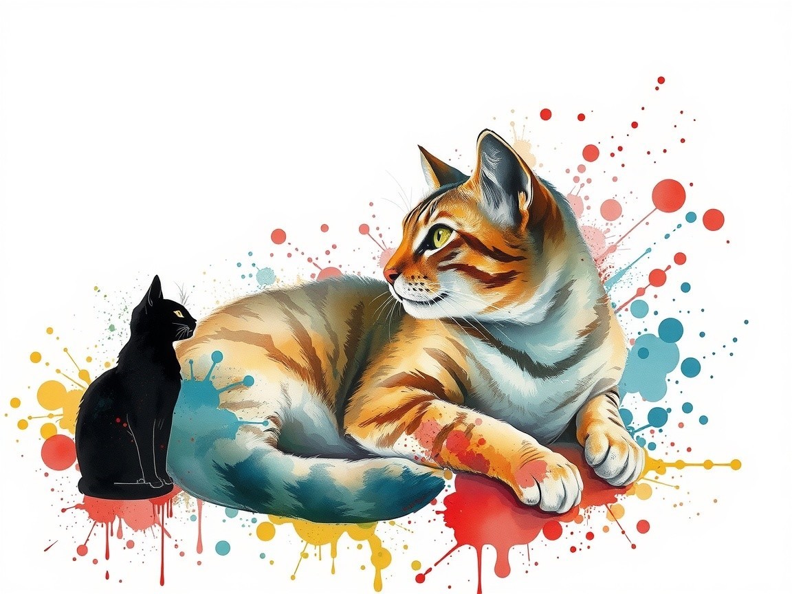 Watercolor Painting of Two Cats with Colorful Splatters