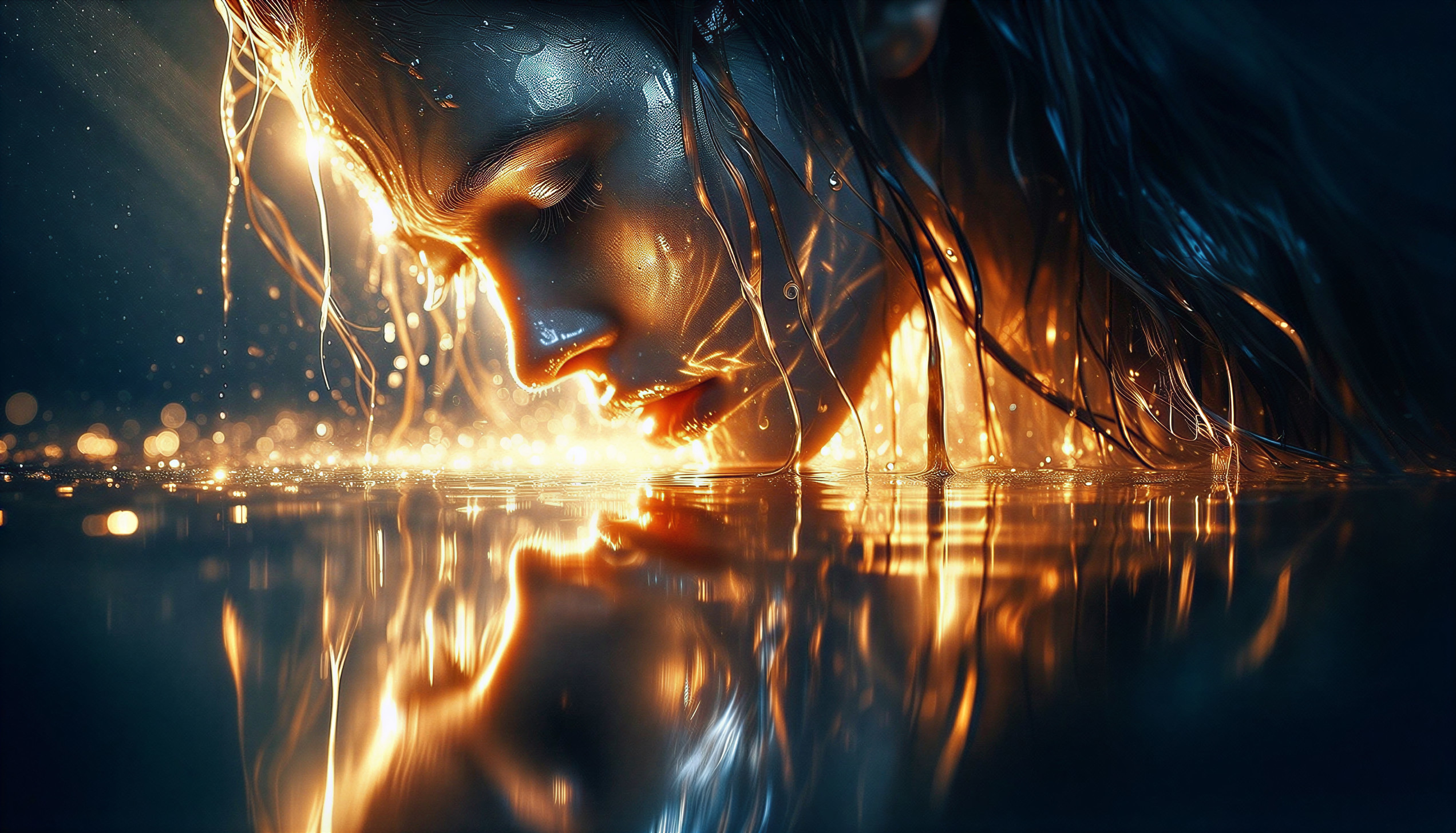 Close-up of a woman's face in illuminated water