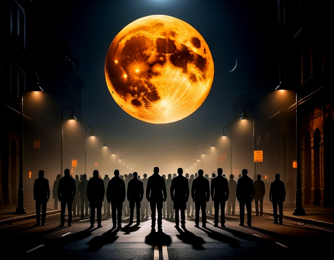 Deserted Urban Street Under Glowing Orange Moonlight