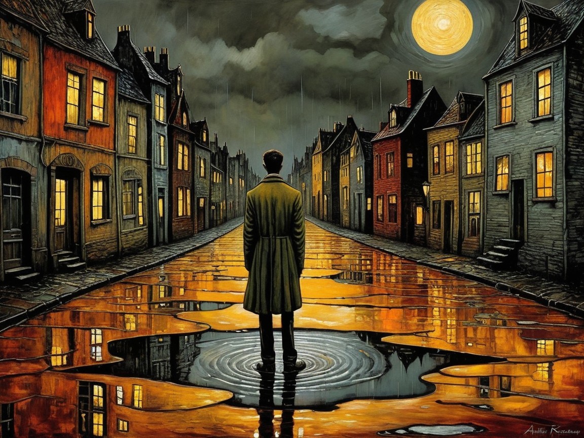 Solitary Figure on Rain-Soaked Street at Night