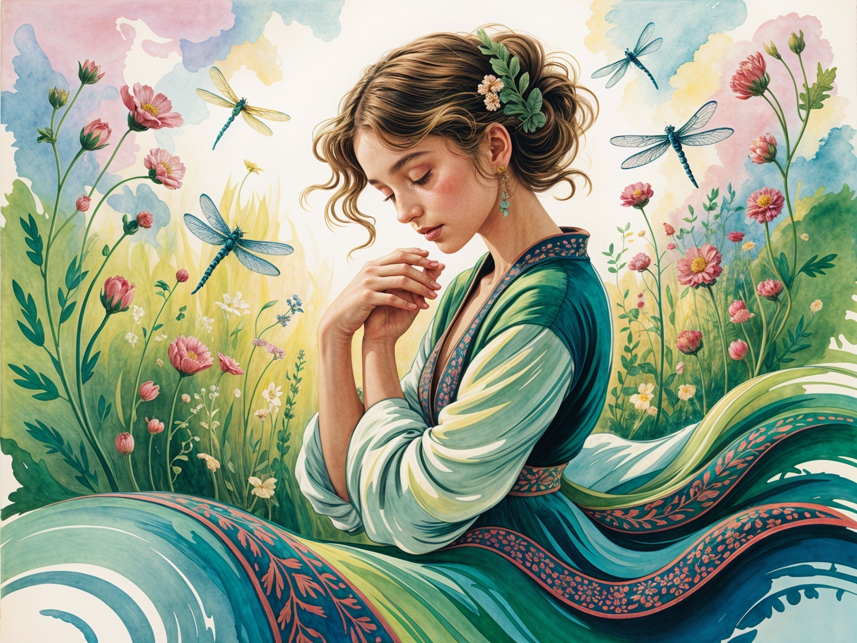 Young Woman in Floral Landscape with Dragonflies