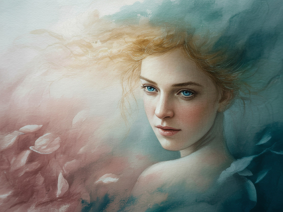 Watercolor Portrait of a Young Woman with Blue Eyes