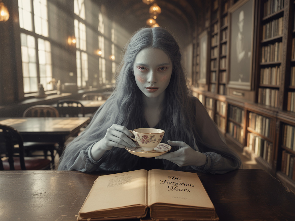 Young Woman in Library with Open Book and Teacup