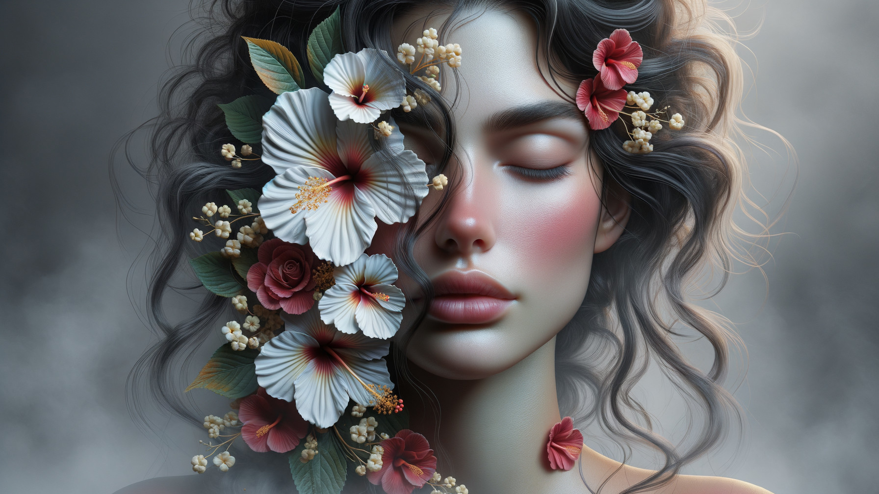 Serene Female Figure with Floral Hair Adornments