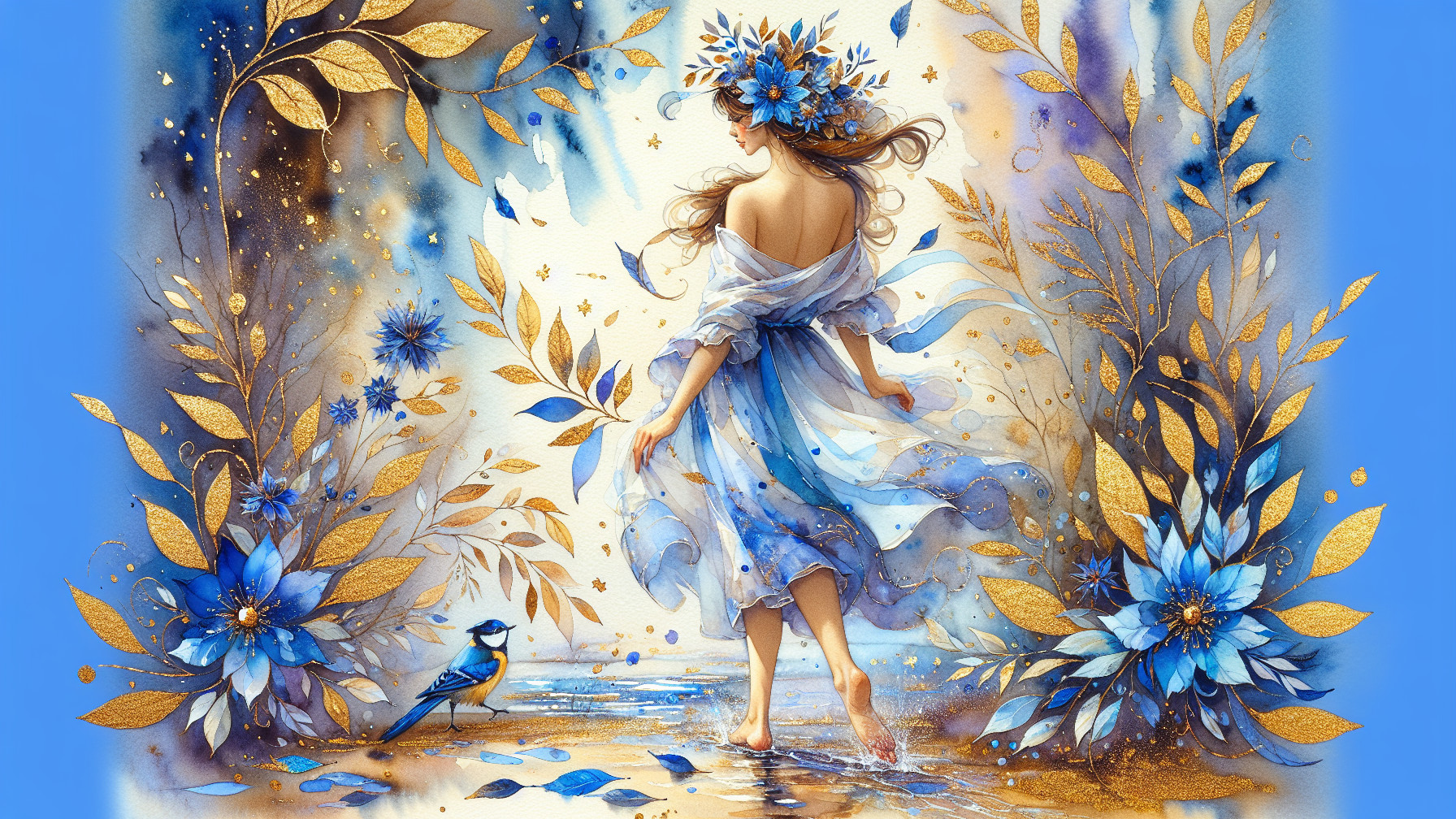 Woman in Blue Dress by Shimmering Water Scene