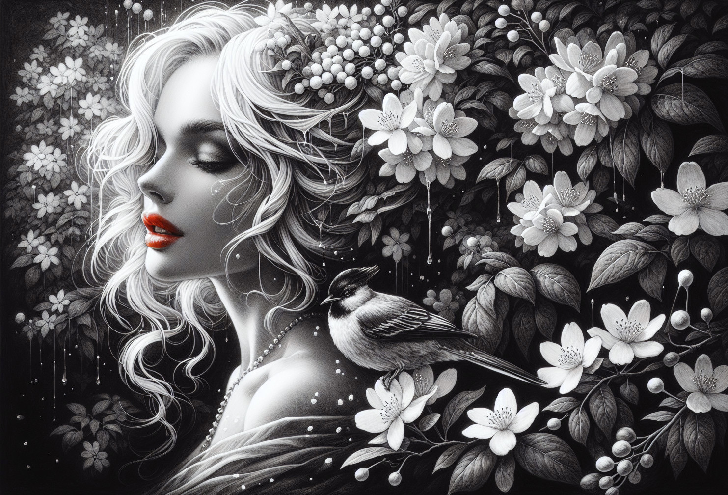 Monochromatic Portrait of Woman with Floral Background