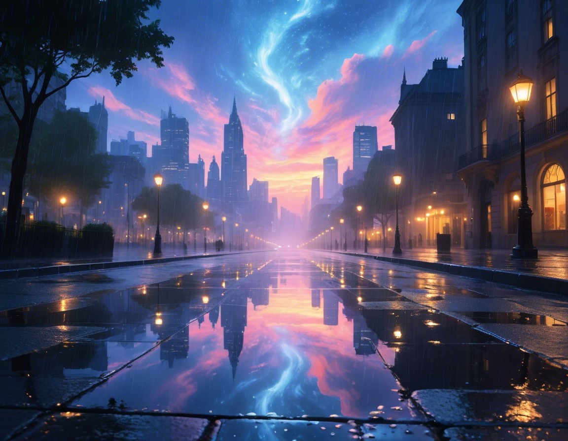 Vibrant Cityscape at Dusk with Colorful Sky