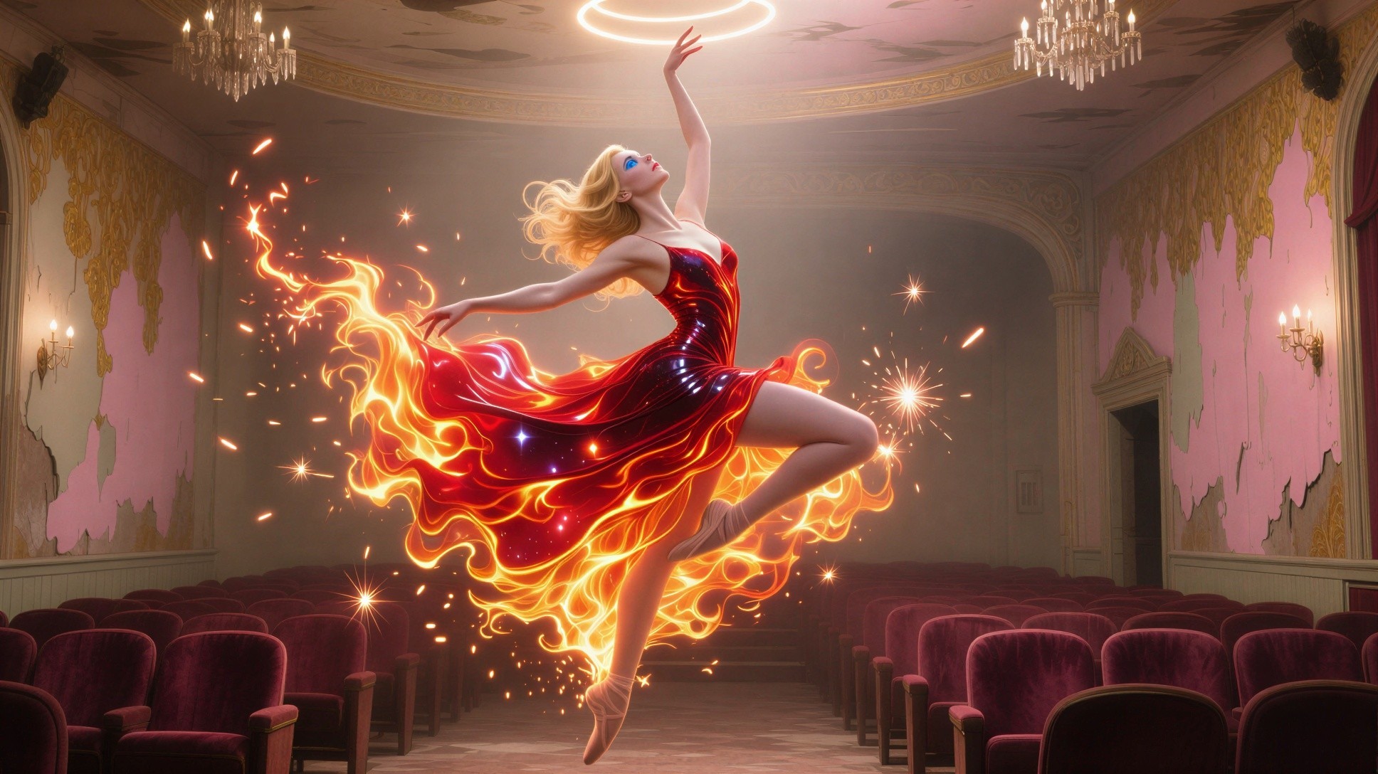 Ethereal Woman in Red Dress Performing Ballet Dance
