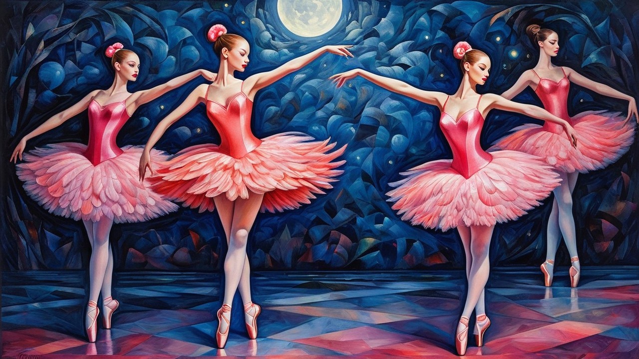 Ballet Dancers in Pink Tutus Under a Full Moon