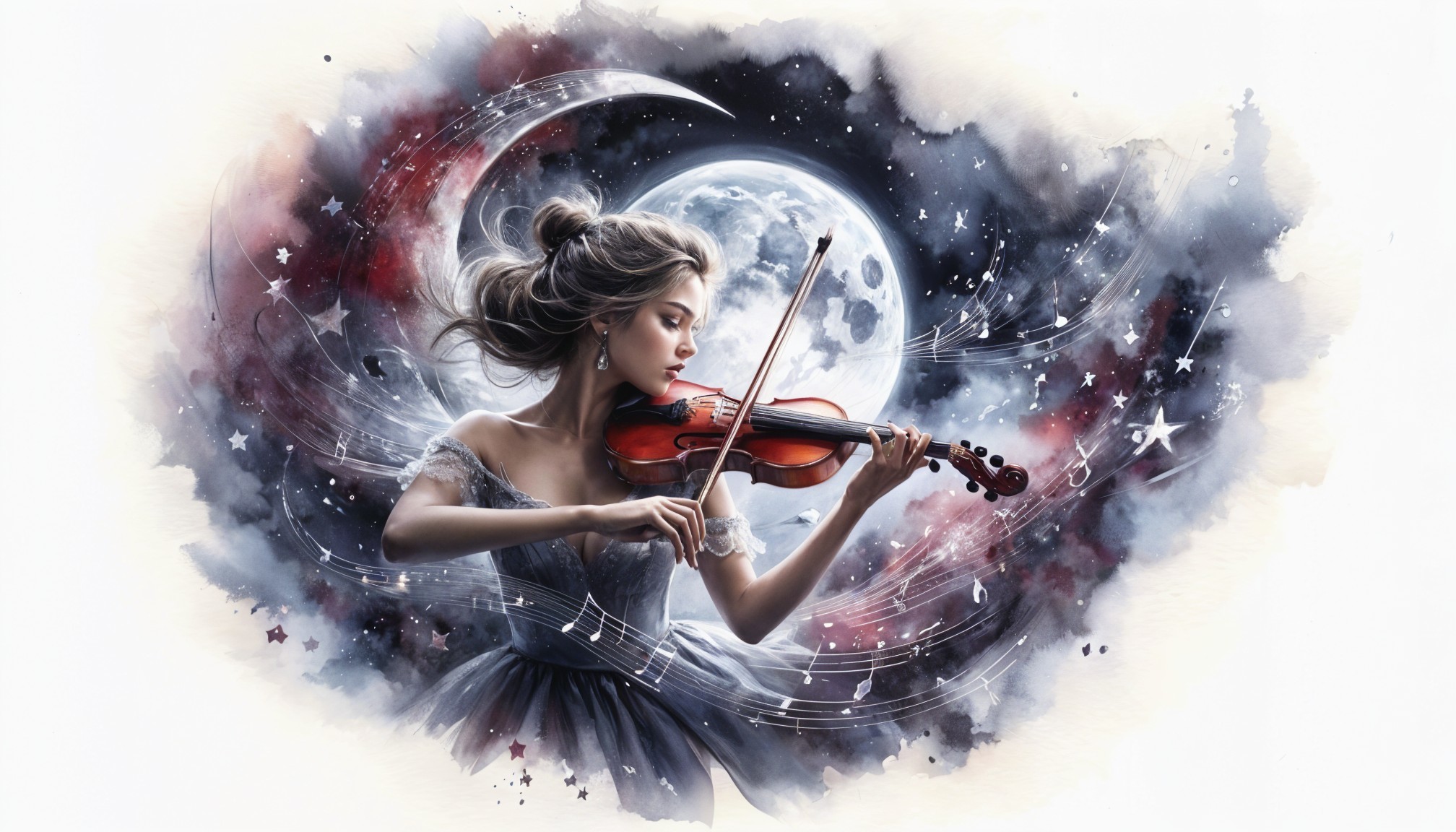 Ethereal Woman Playing Violin Under Full Moon