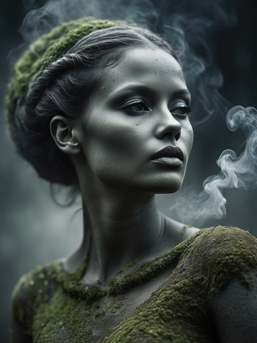 Ethereal Figure Surrounded by Mist and Green Moss