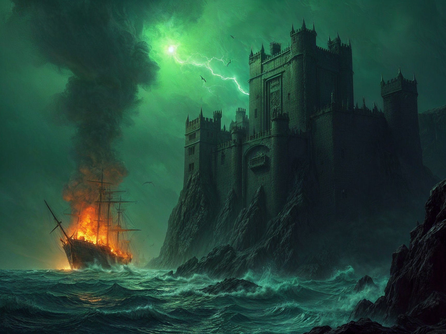 Dark Castle on Cliffs Amidst Stormy Sea and Flames