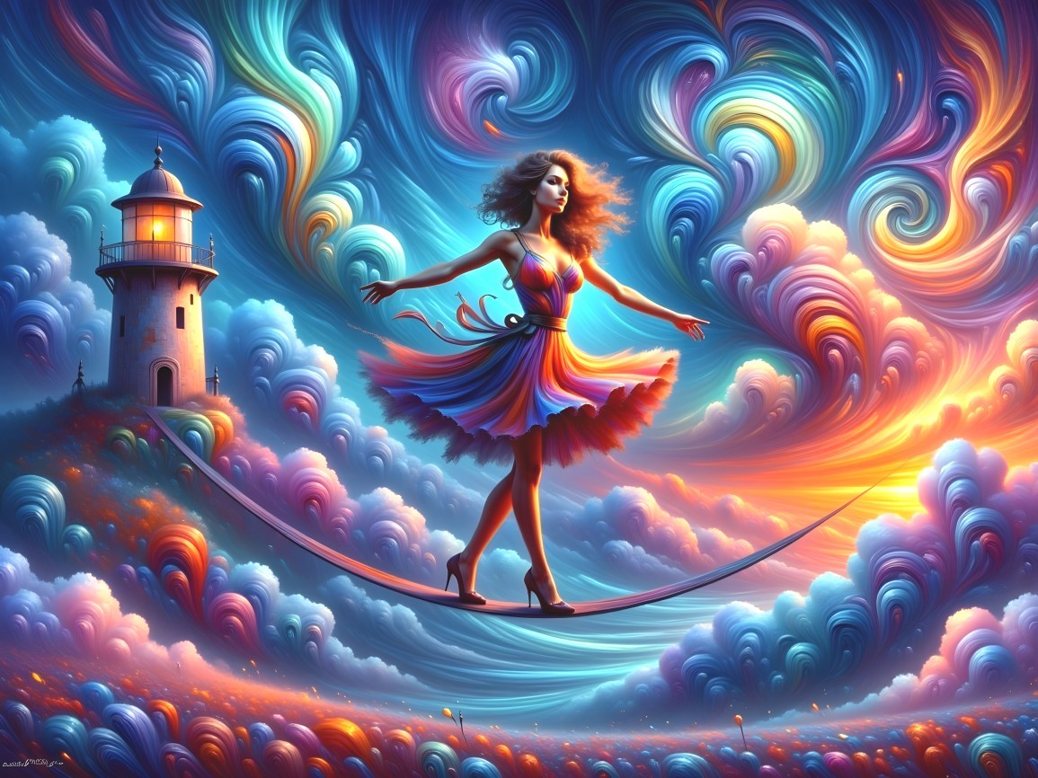 Surreal Scene of Woman on Tightrope in Cosmic Sky