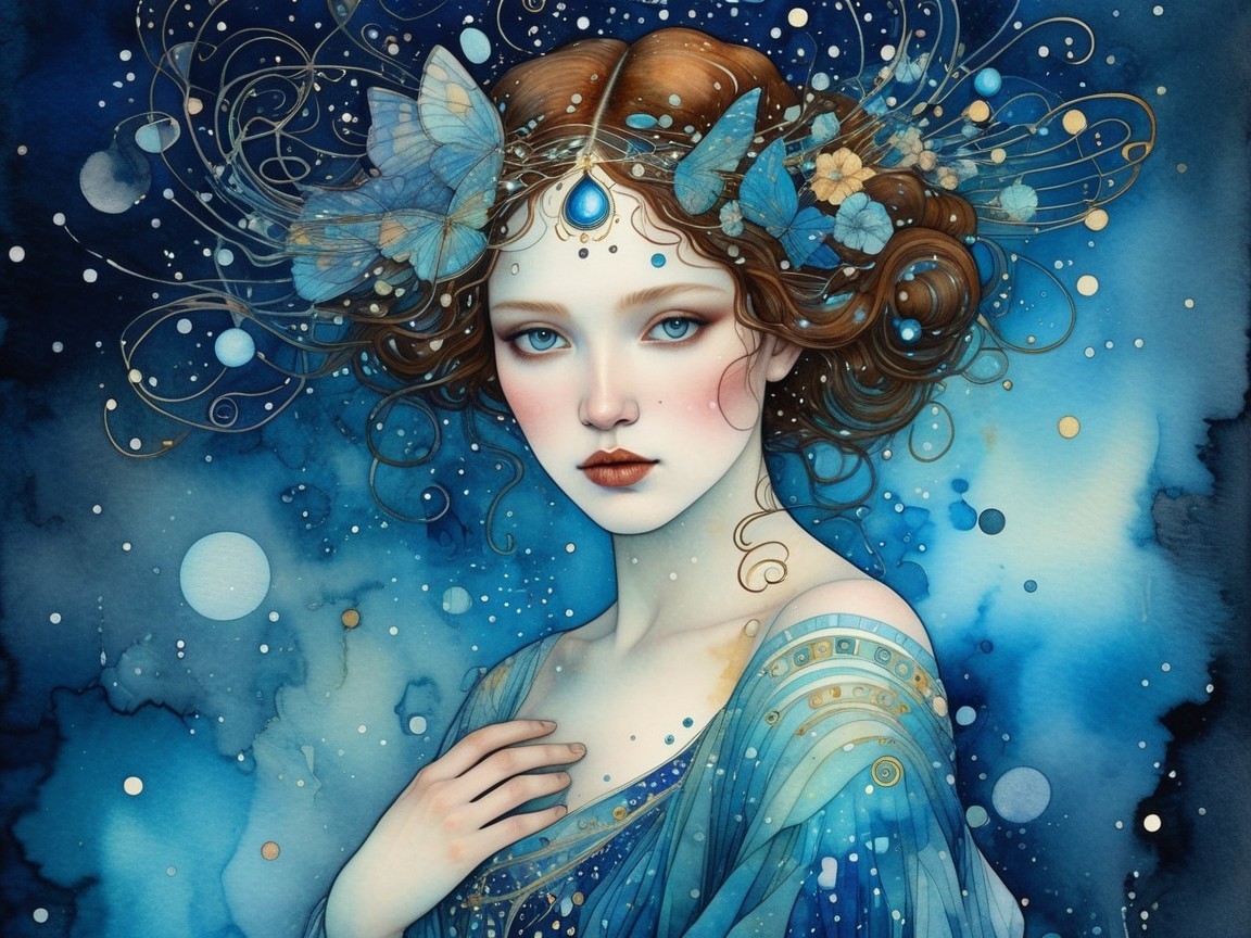 Portrait of a young woman in blue gown with butterflies