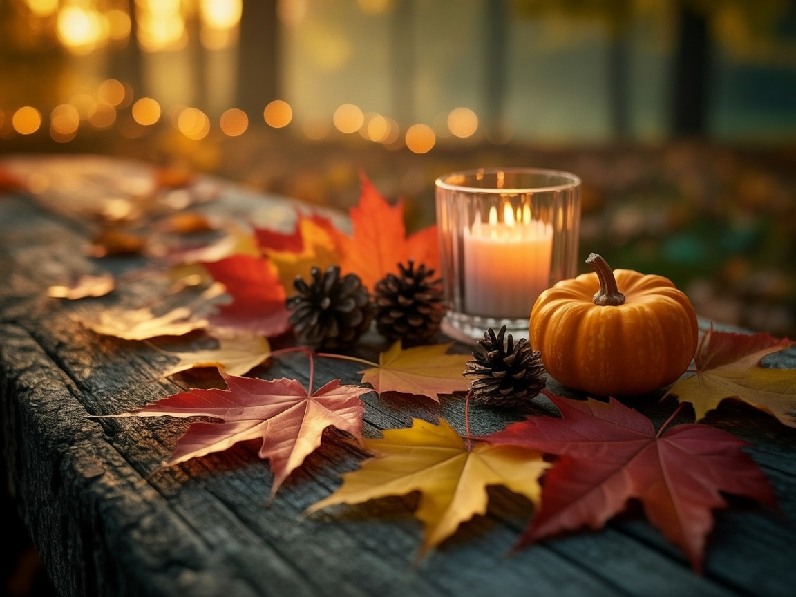 Rustic Table Decor with Autumn Leaves and Pumpkin