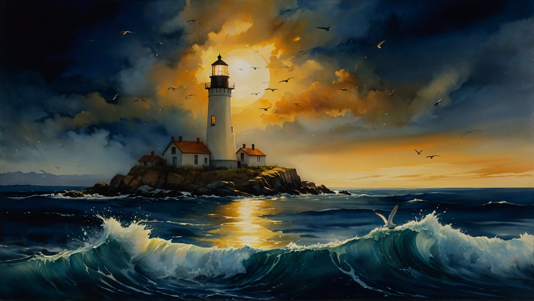 Majestic Watercolor Seascape with Lighthouse at Sunset