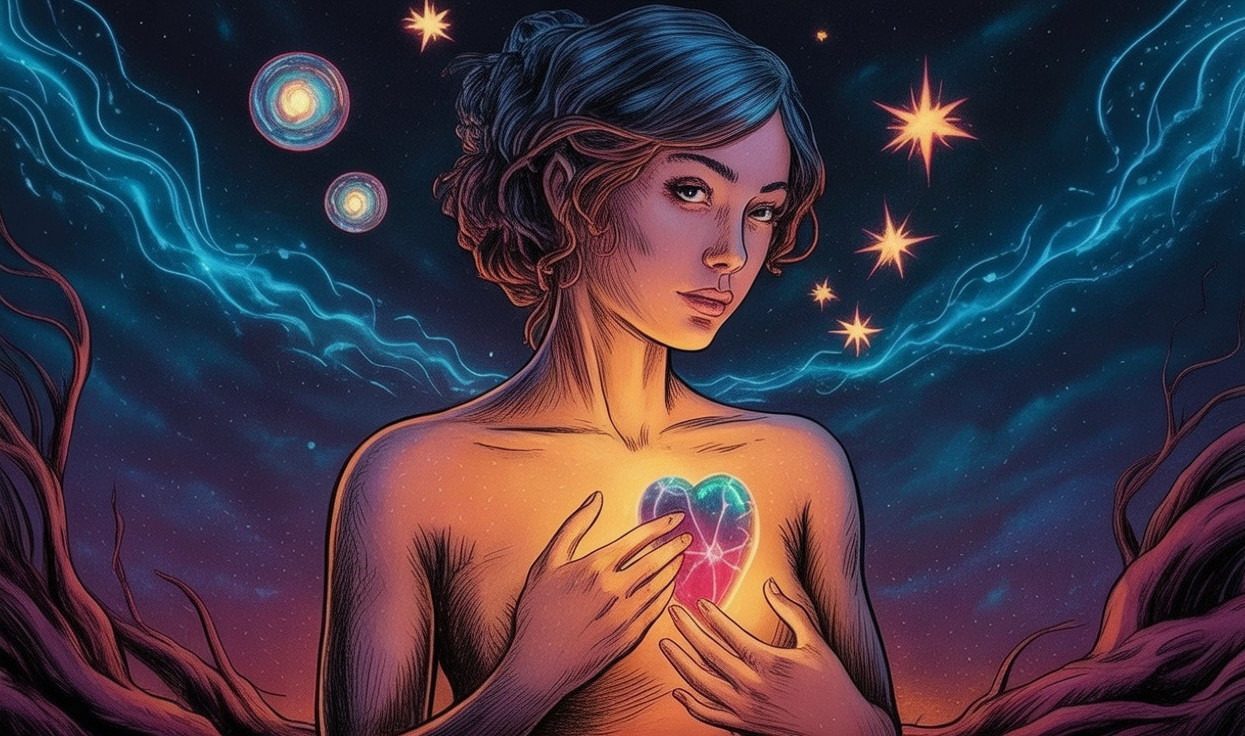 Mystical Woman with Glowing Heart in Cosmic Scene