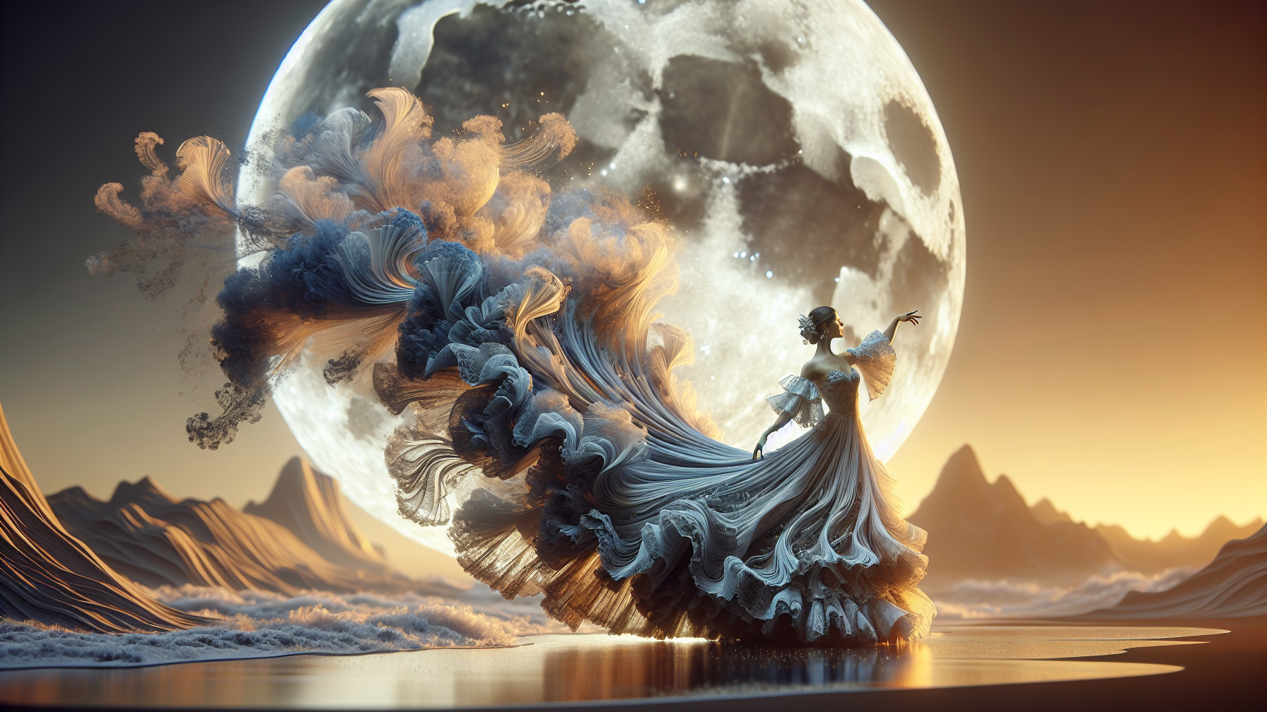 Graceful figure in gown by serene water under moonlight