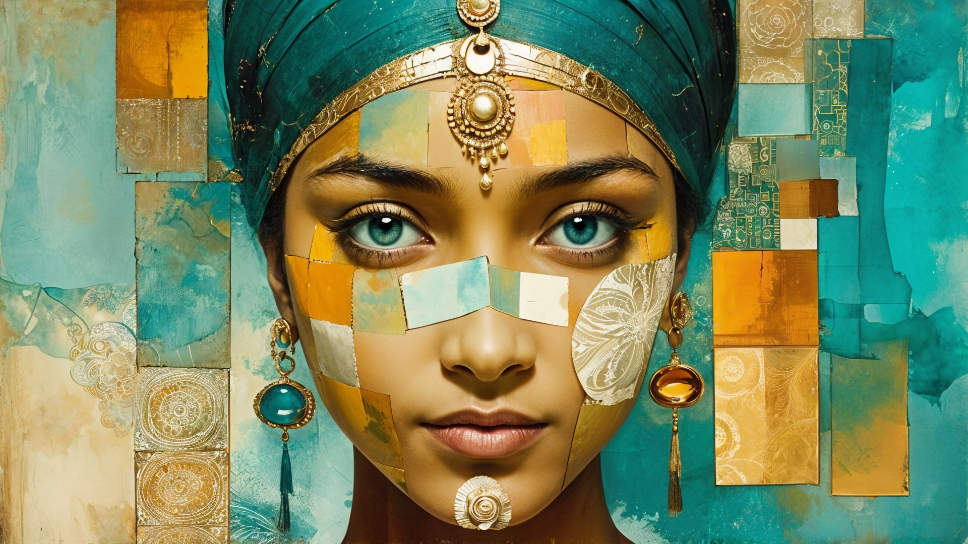 Woman with Turquoise Eyes and Geometric Face Patterns