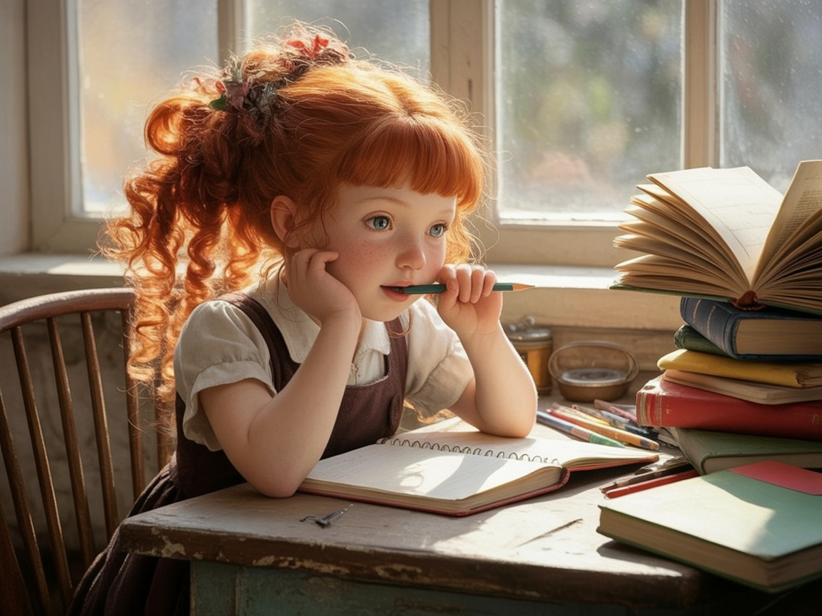 Young girl with red hair thinking at wooden table