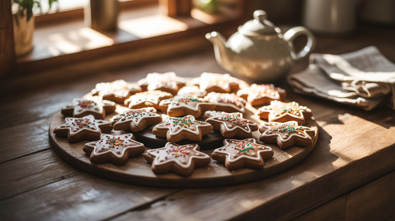 Star-Shaped Cookies on a Wooden Platter in Sunlit Kitchen