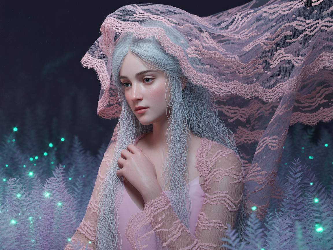 Serene figure in pink veil within a dreamlike landscape
