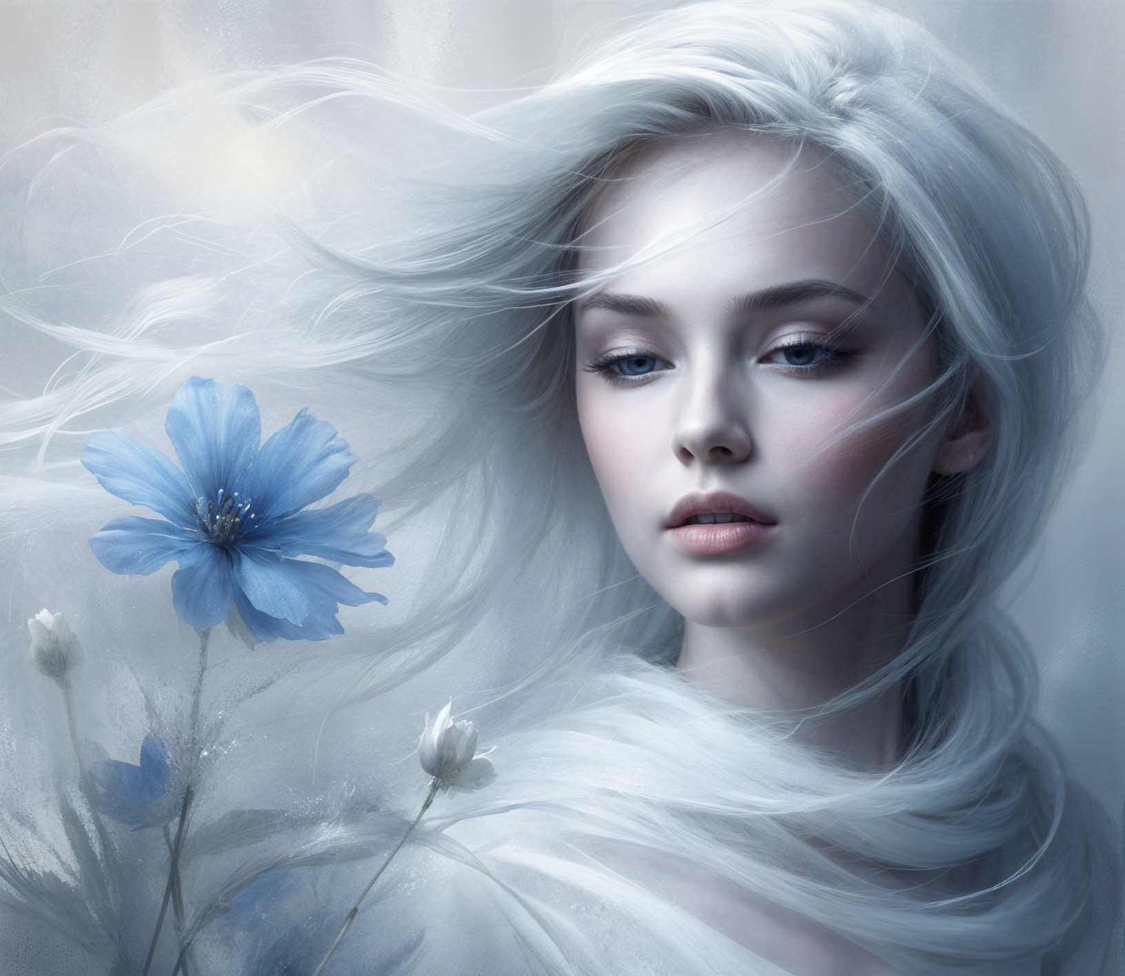 Ethereal Portrait of a Young Woman with White Hair