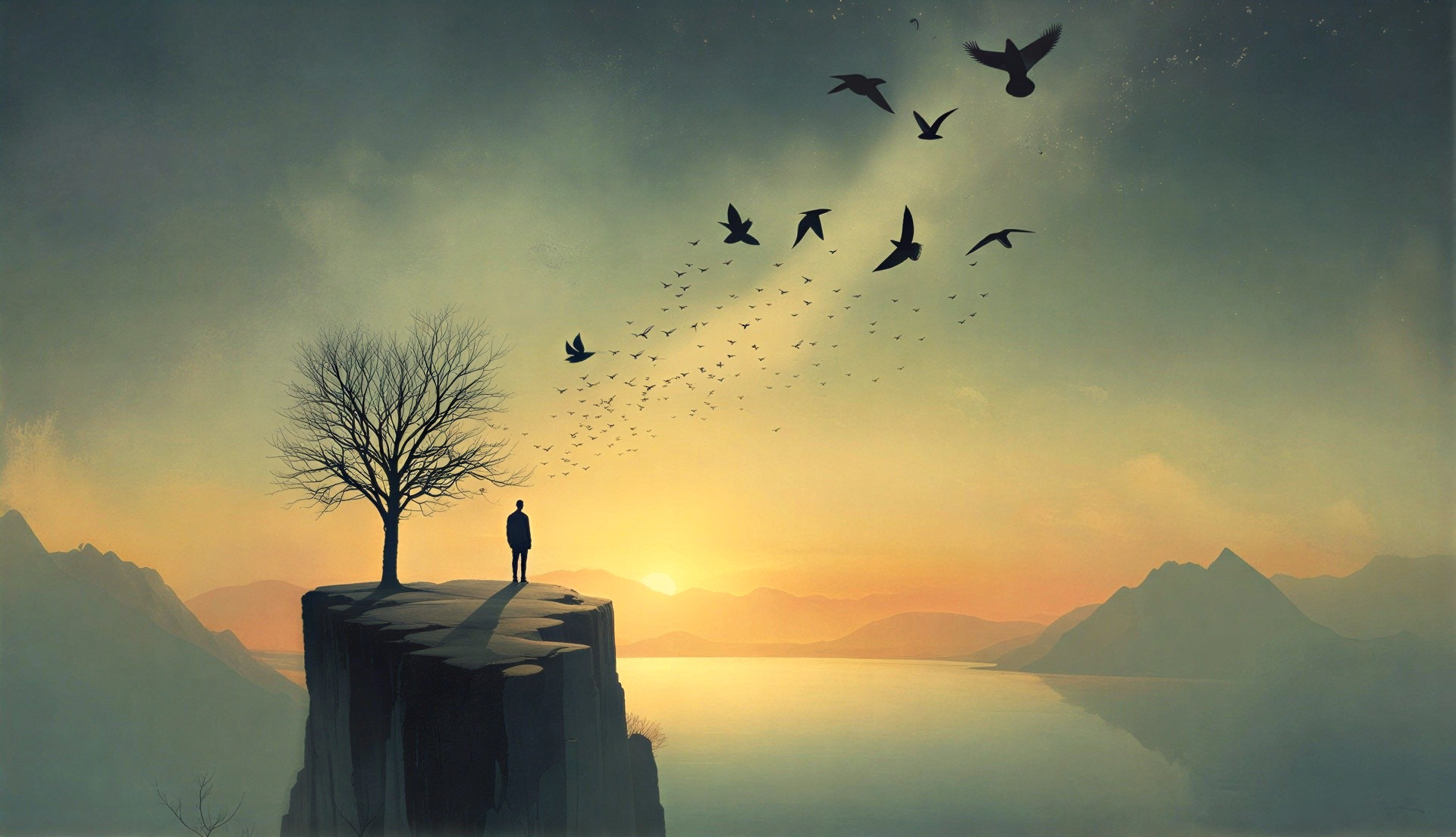 Lone Figure on Cliff Overlooking Sunset Lake Scene