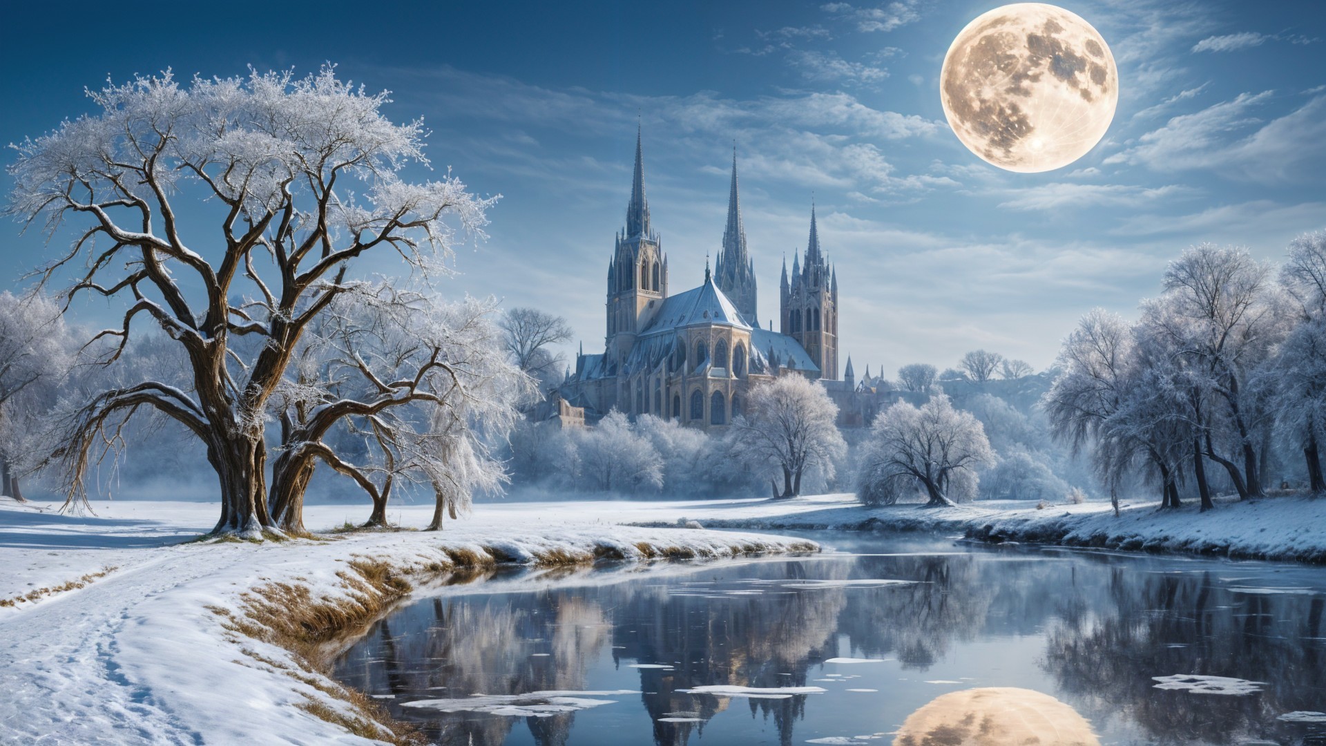 Winter Cathedral Scene with Snow and Moonlight