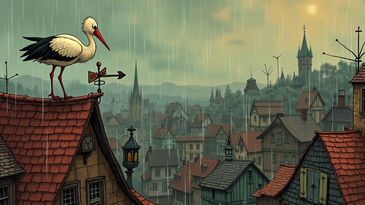 Stork on Weather Vane Overlooks Quaint Village Scene