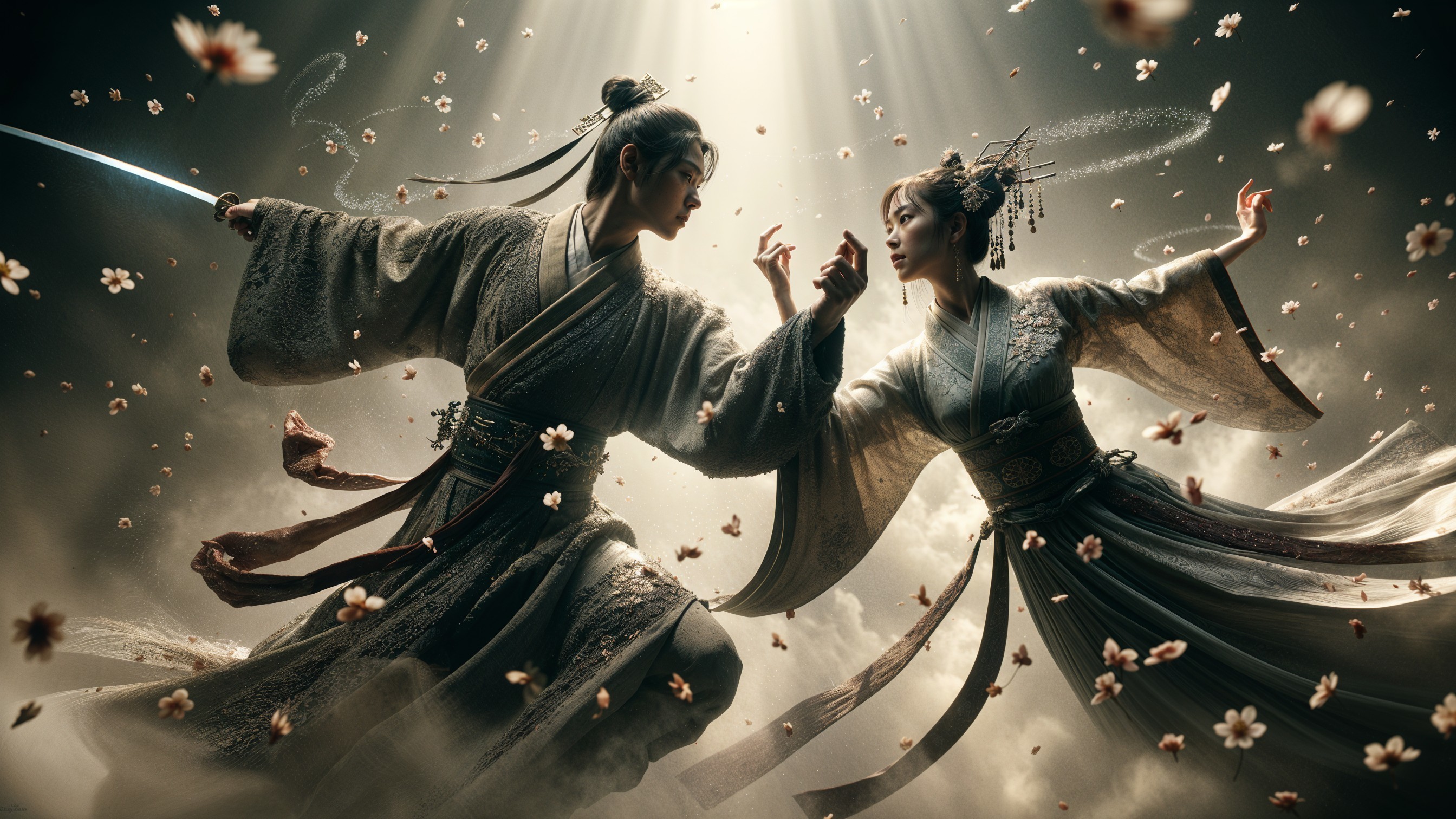 Elegant Dance Duel Amidst Cherry Blossom Petals