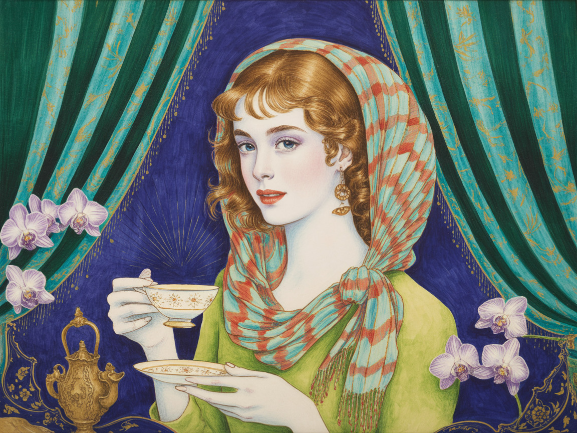 Portrait of a Woman with Wavy Auburn Hair and Teacup