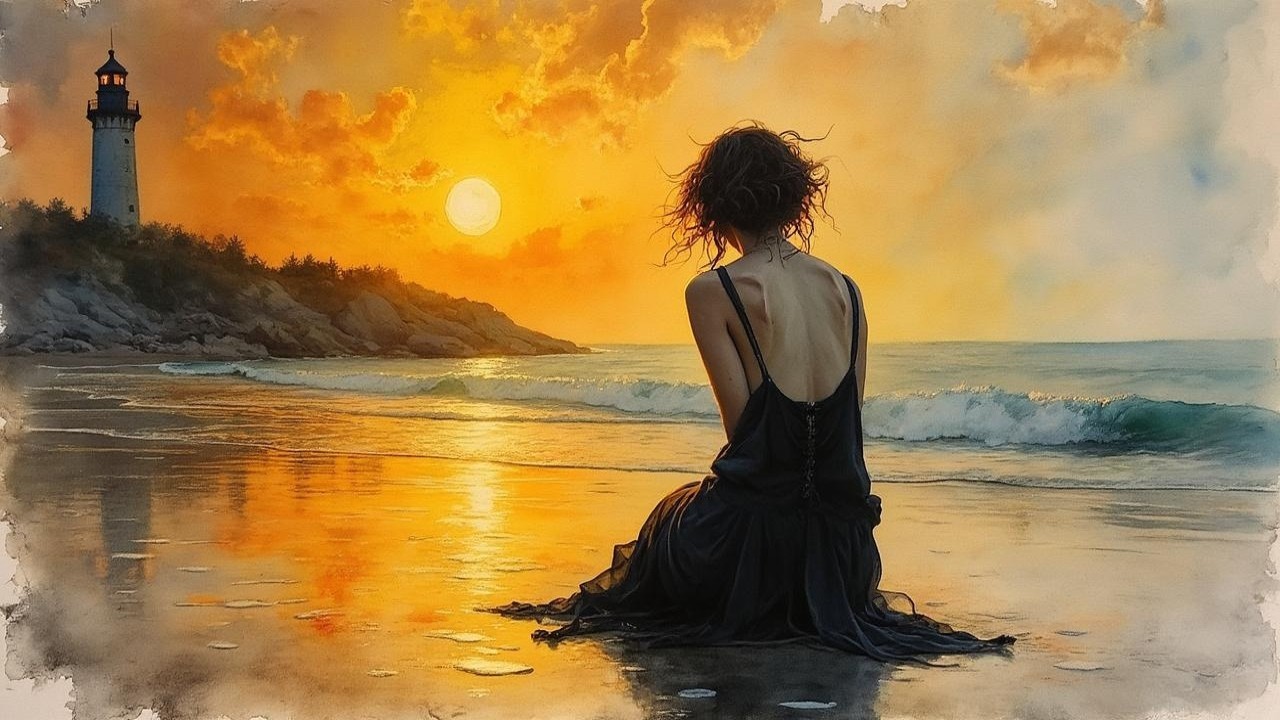 Woman in black dress at beach during sunset