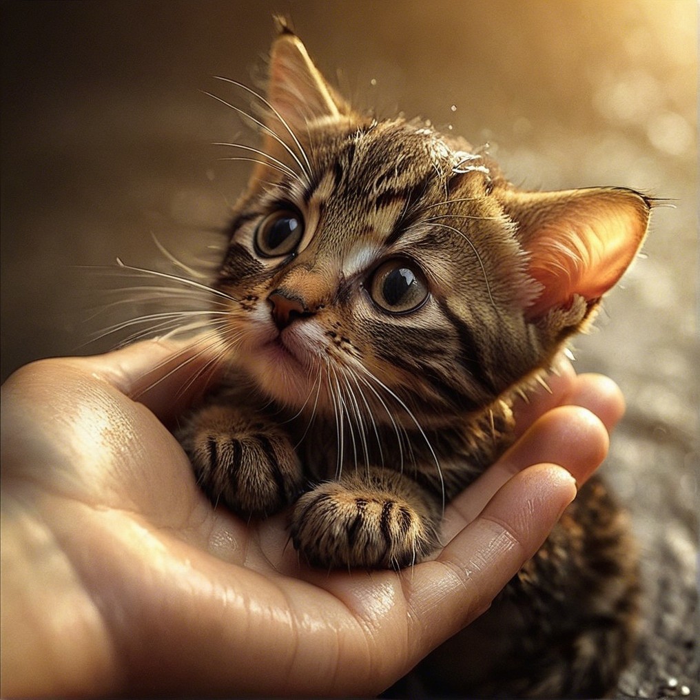 Small kitten resting in a hand with sunlight glow