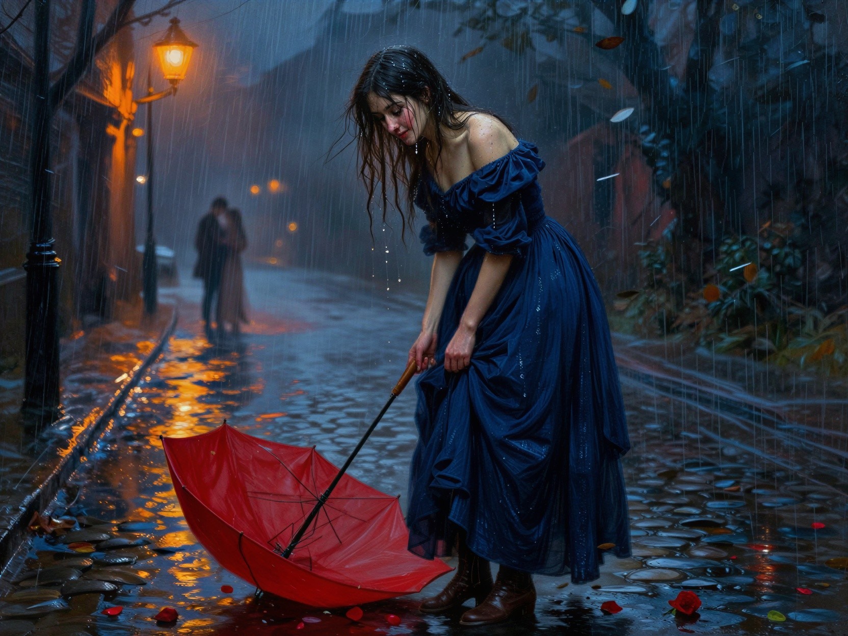 Woman in Rain on Cobblestone Street with Umbrella