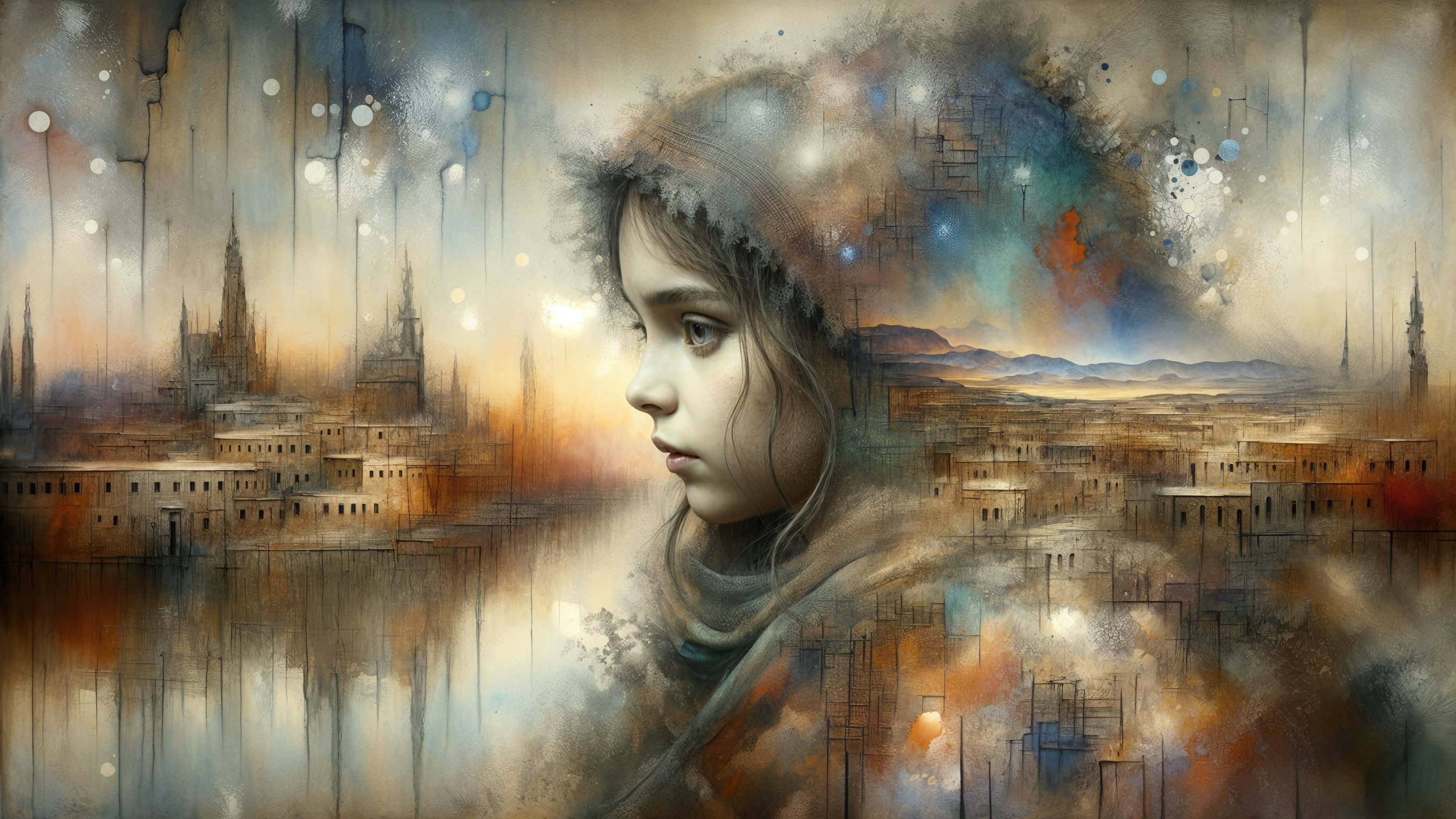 Thoughtful Girl in Ethereal Landscape with Abstract Shapes