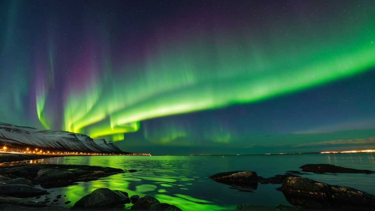 Northern Lights Over Snowy Mountains and Calm Waters