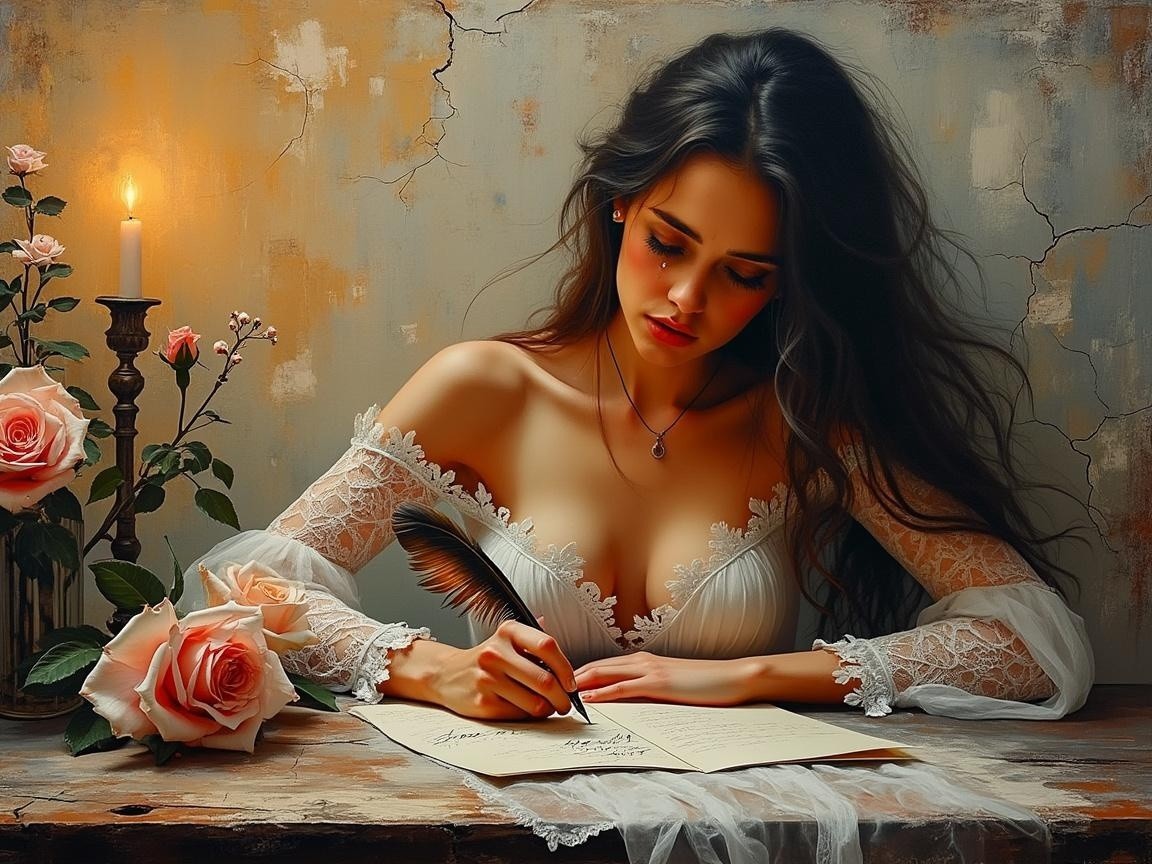 Young Woman Writing at Rustic Candlelit Table