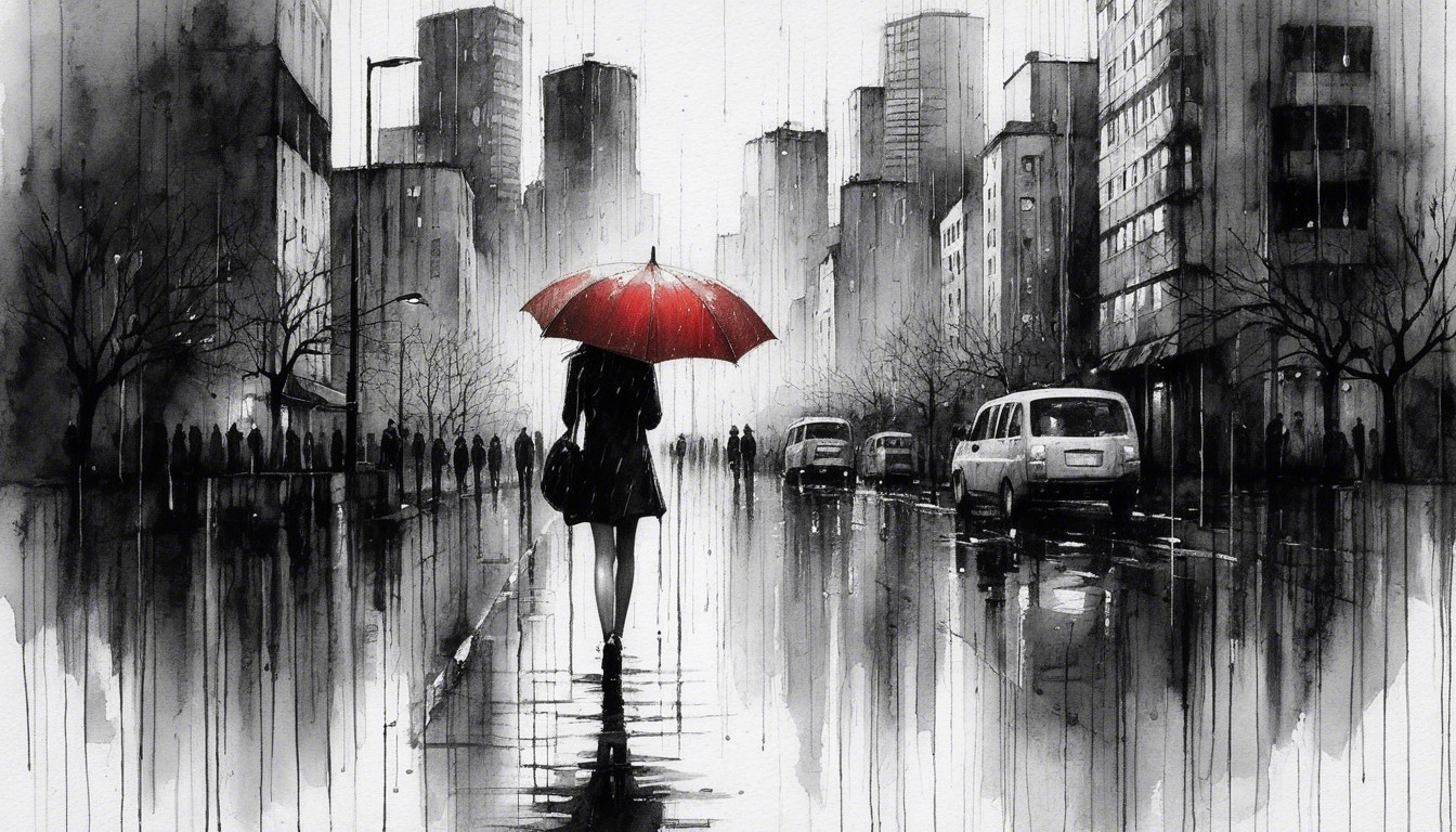 Woman in Black Dress with Red Umbrella in Rainy City