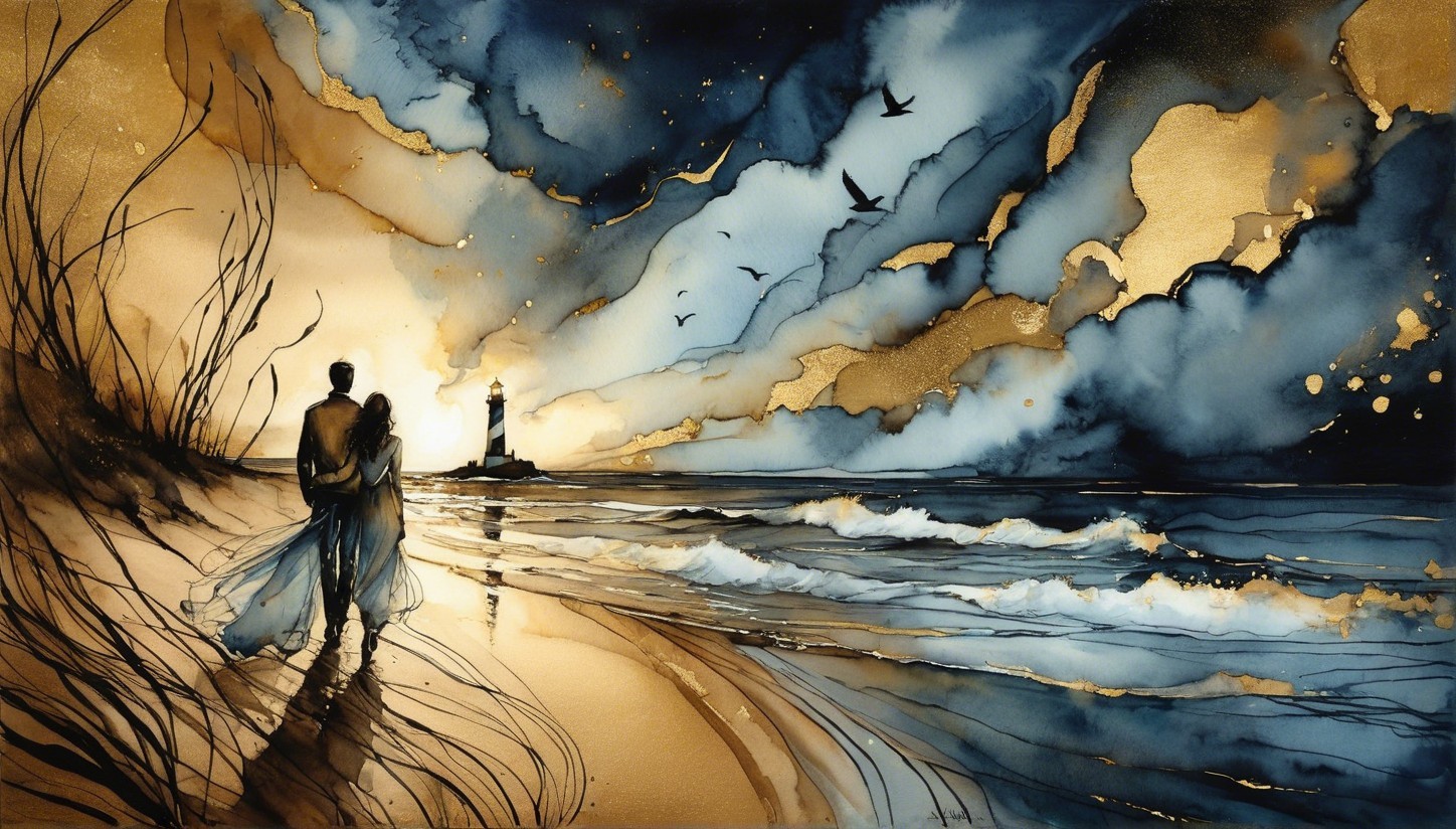 Watercolor Coastal Scene with Couple at Sunset