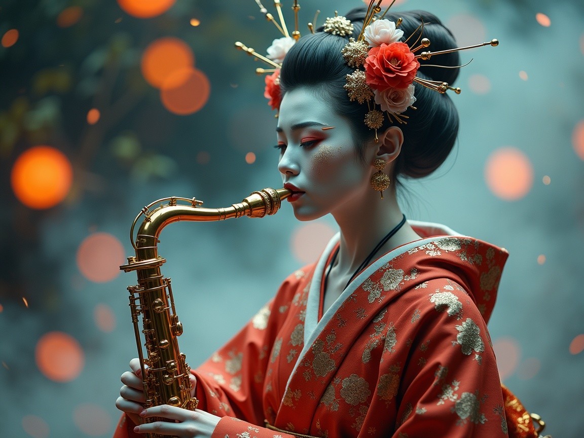 Serene Figure in Red Kimono Playing Saxophone