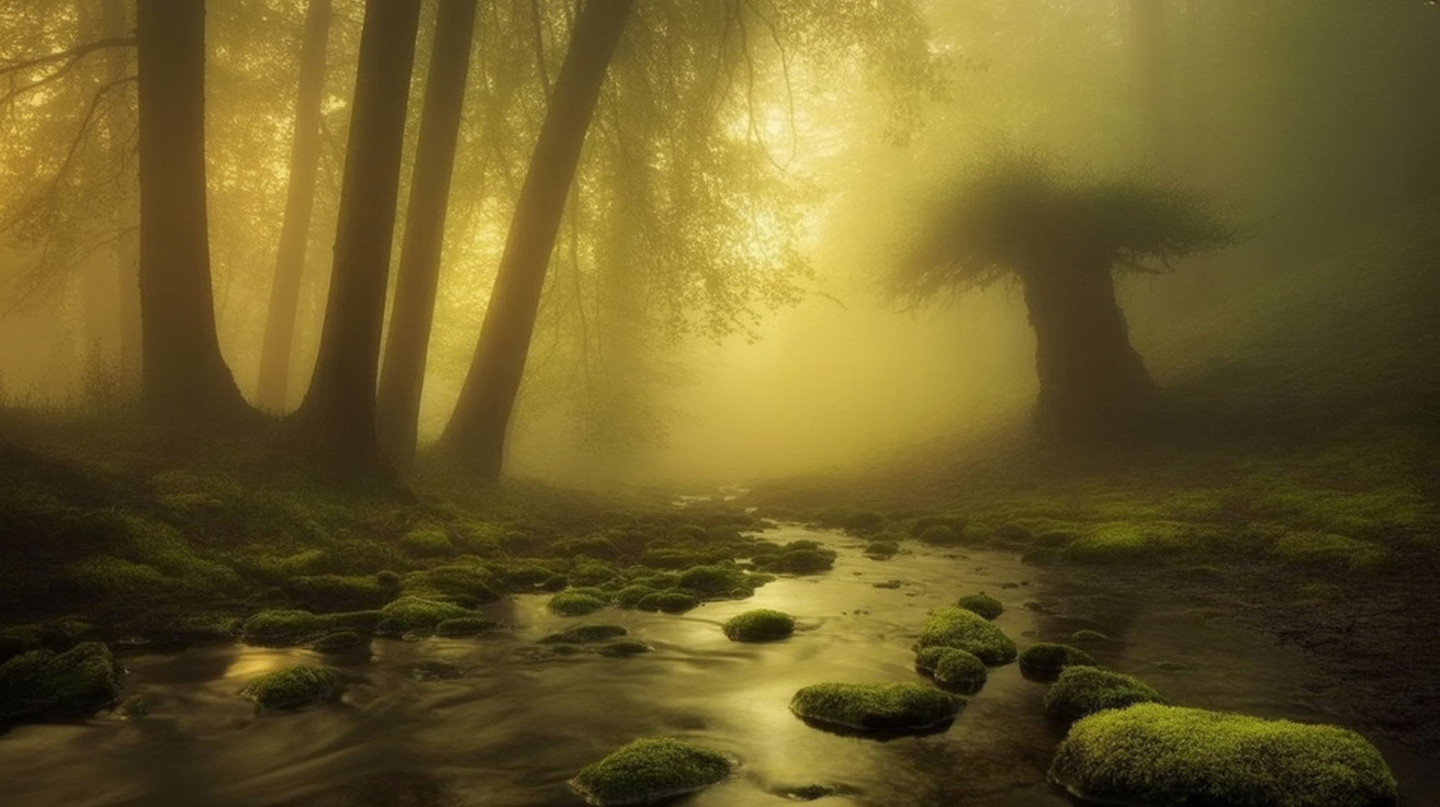 Serene misty forest scene with gentle stream and light