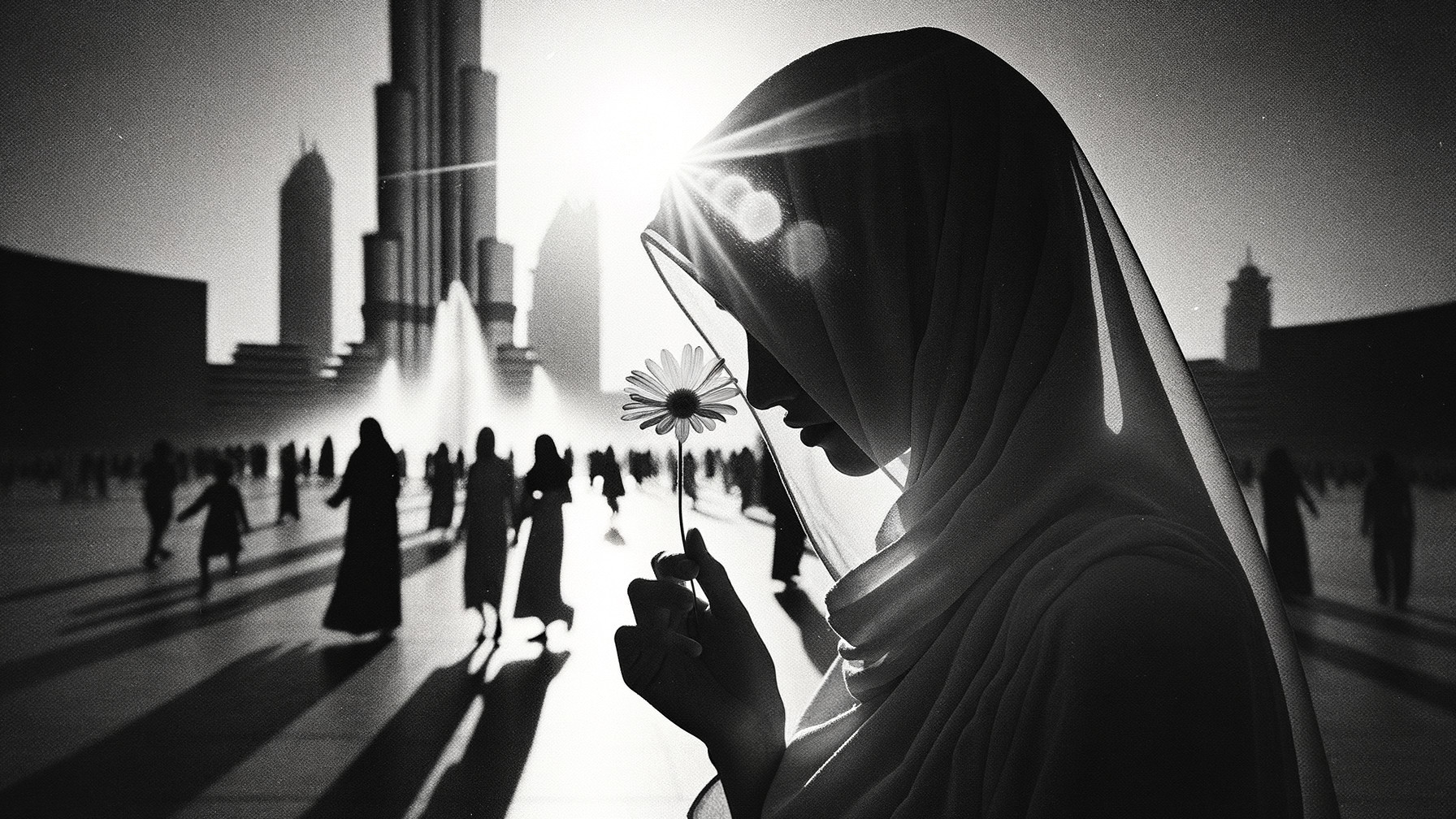 Monochrome Scene of Woman with Flower in Cityscape