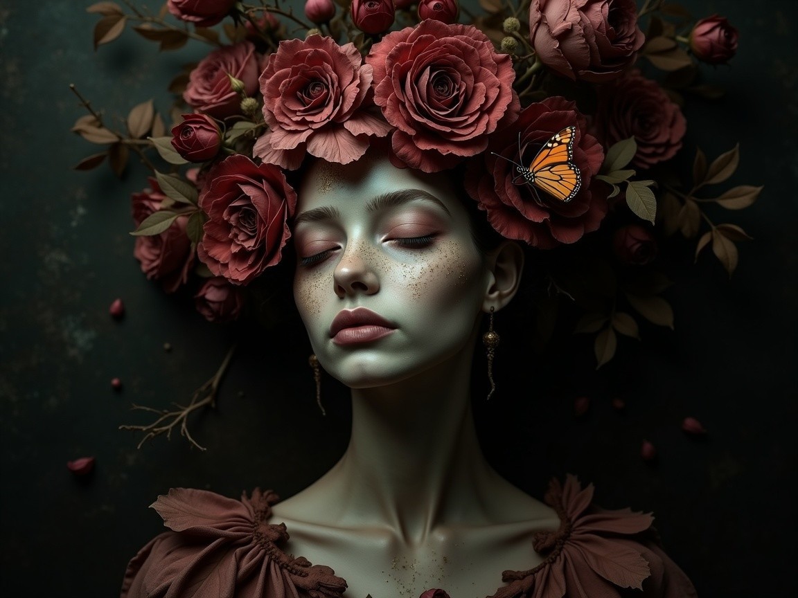 Serene Figure with Red Rose Crown and Butterfly